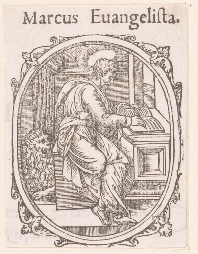 Der Evangelist Markus mit dem Löwen, Holzschnitt von 1547